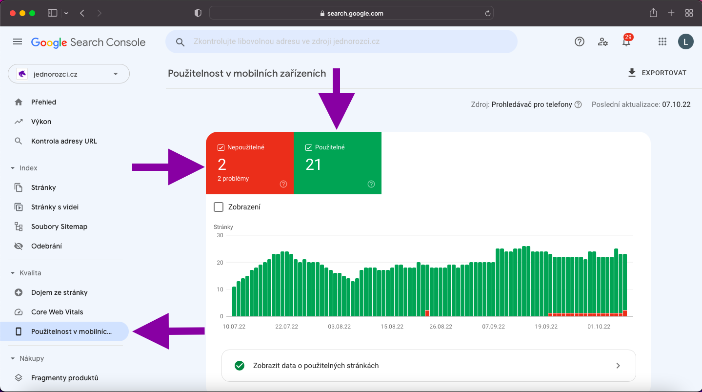 google search console - optimalizace webu pro mobily